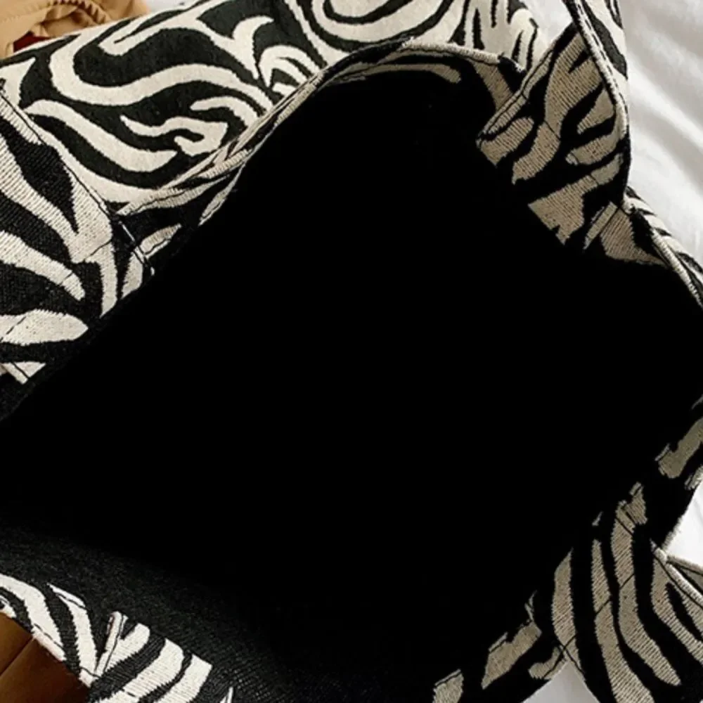 Large Zebra Tote Bag Black White Commuter Travel Minimalist Chic Fabric